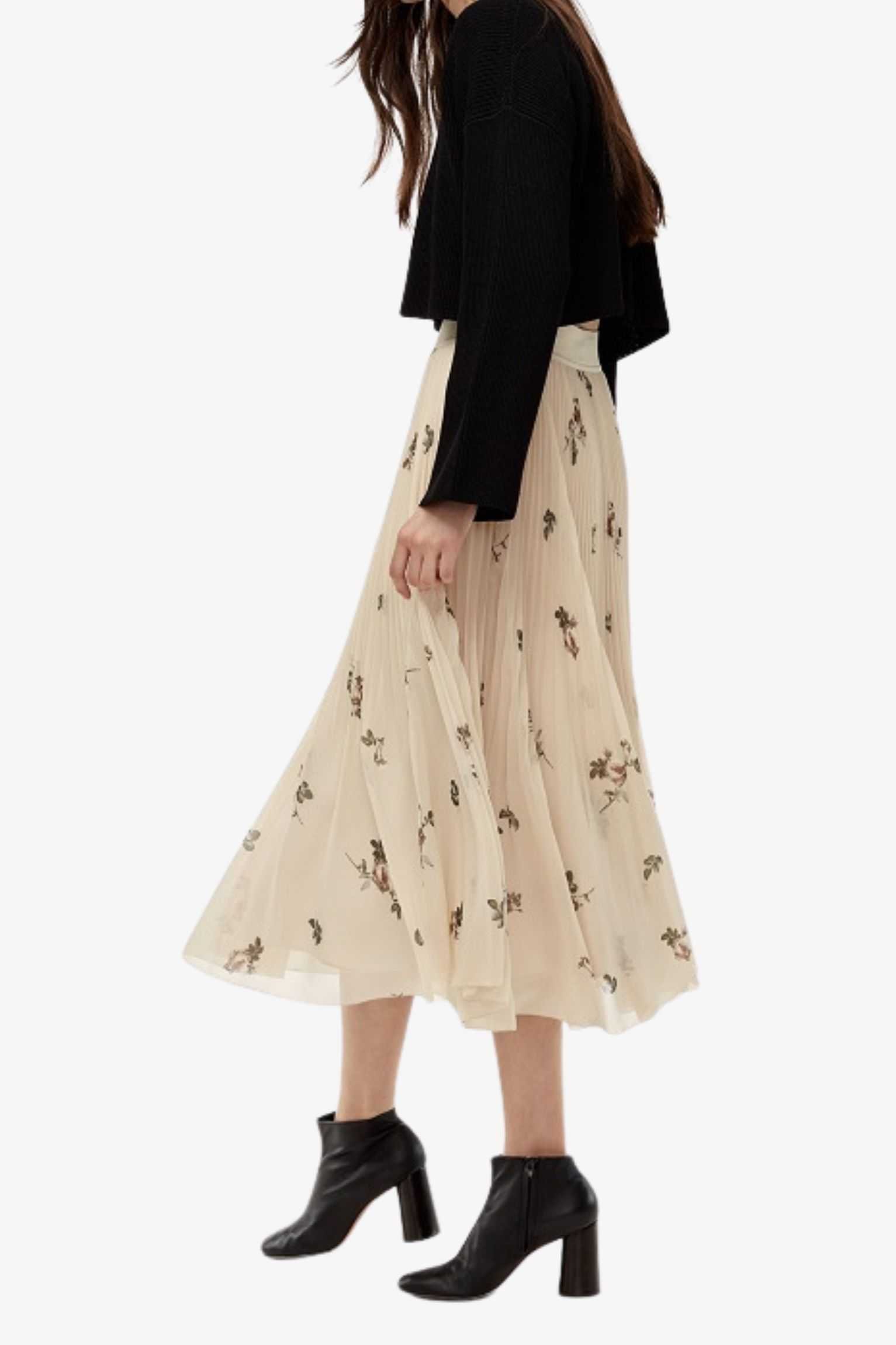 beige floral pleated midi skirt 2