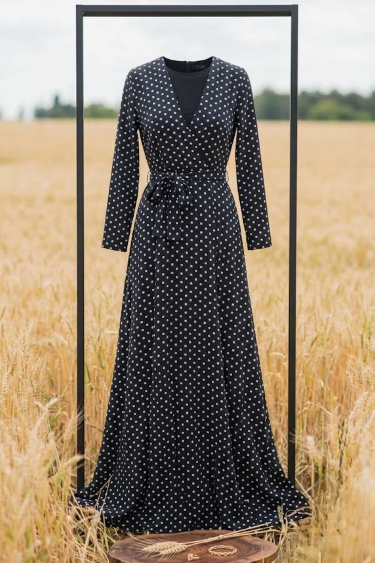 black polka dot wrap dress