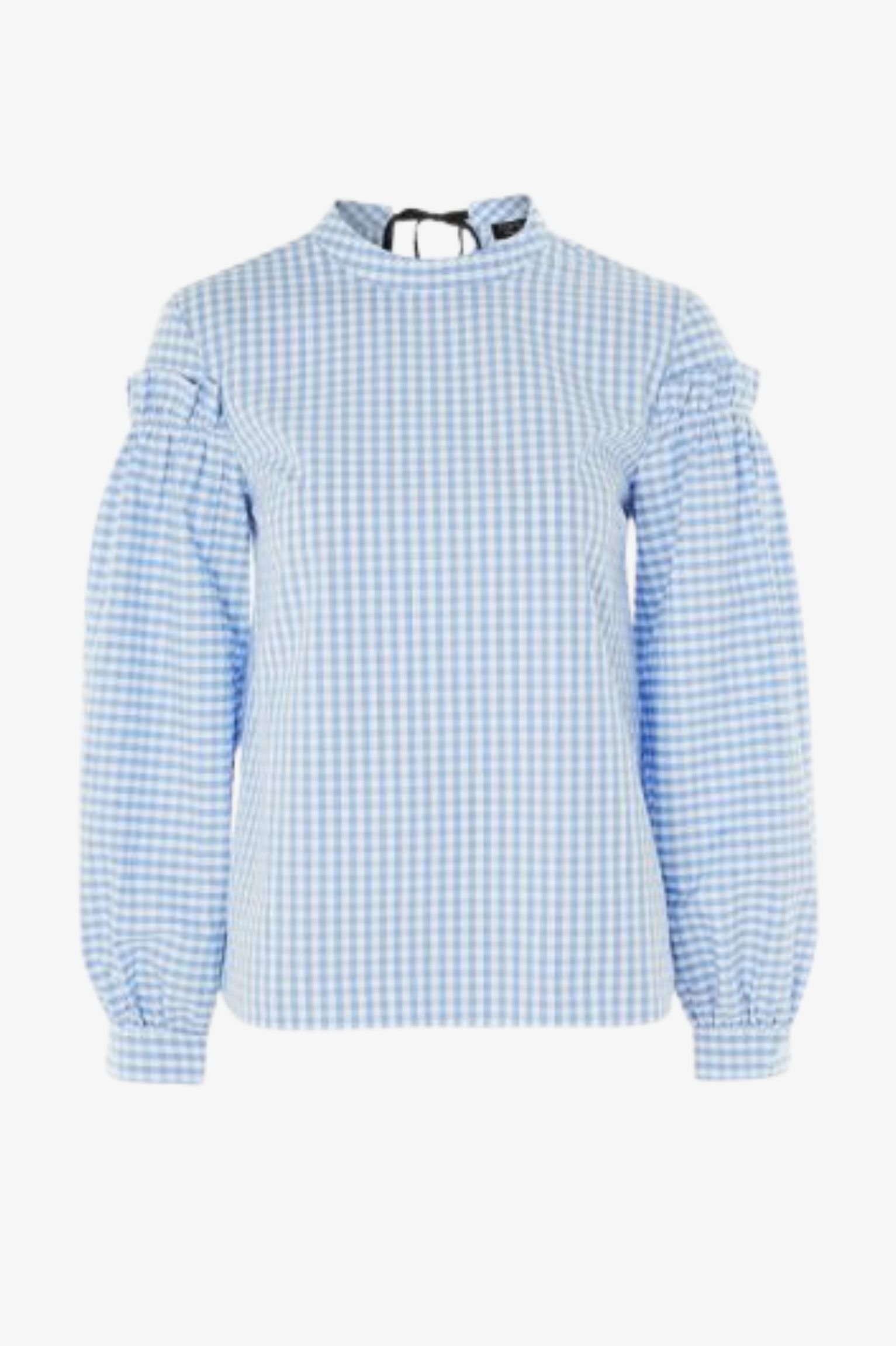 blue gingham high neck blouse