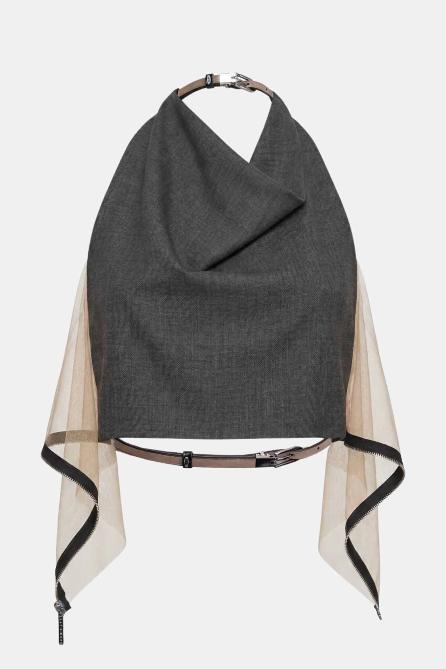 Buckled Cowl Neck Halter Top With Tulle Panels