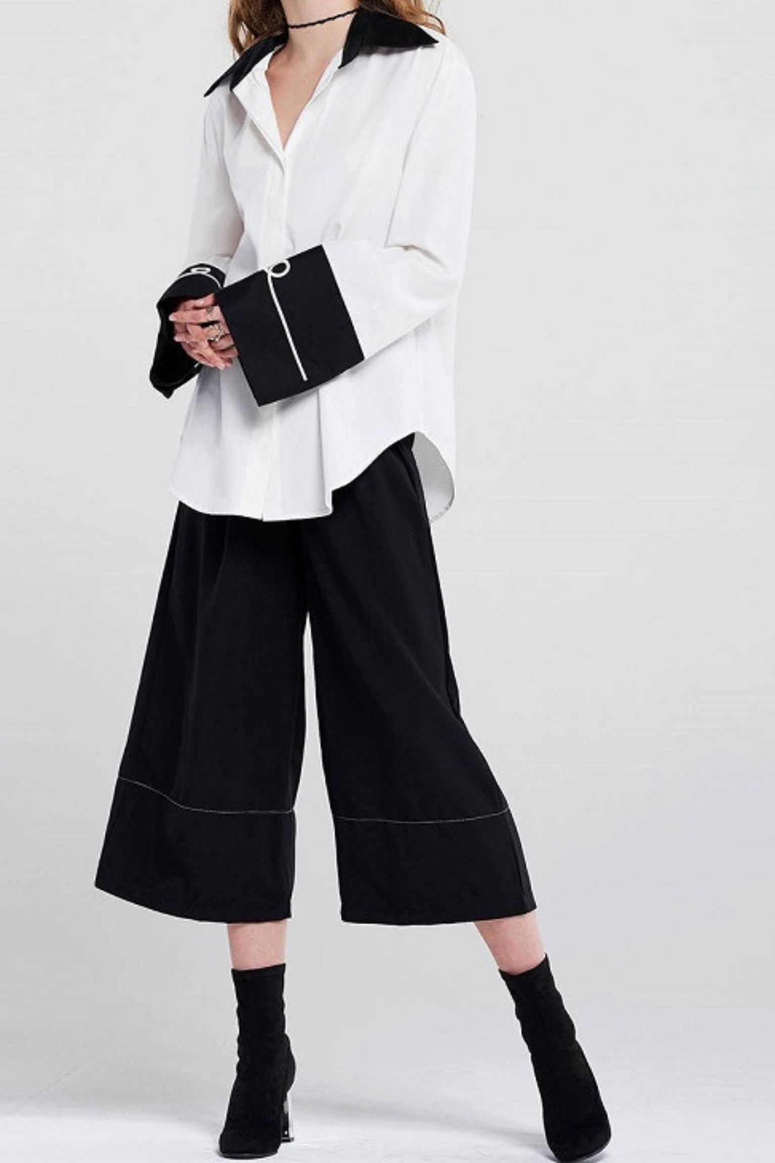Contrast Cuff Shirt Culotte Set