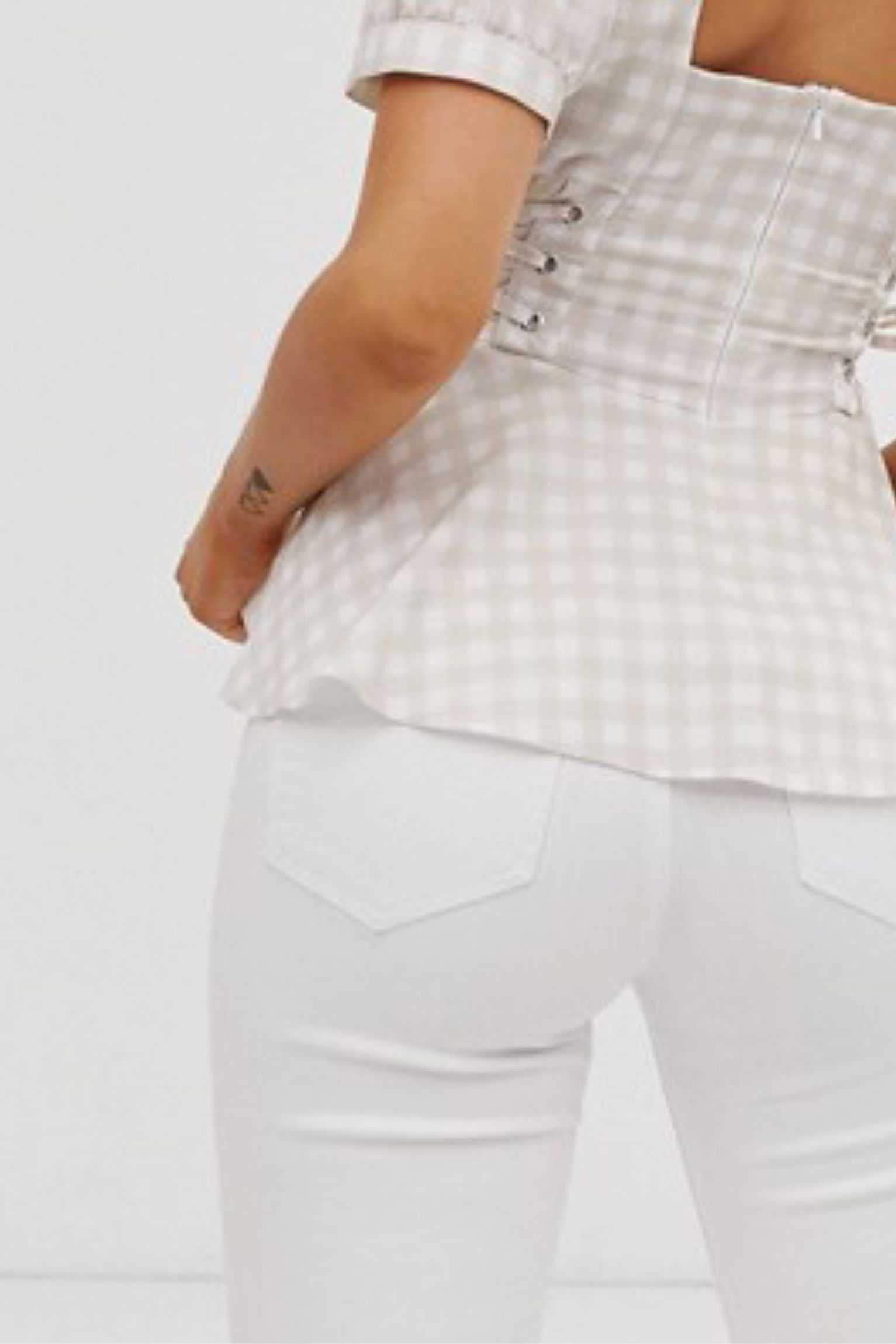 Gingham Puff Sleeve Peplum Top-back