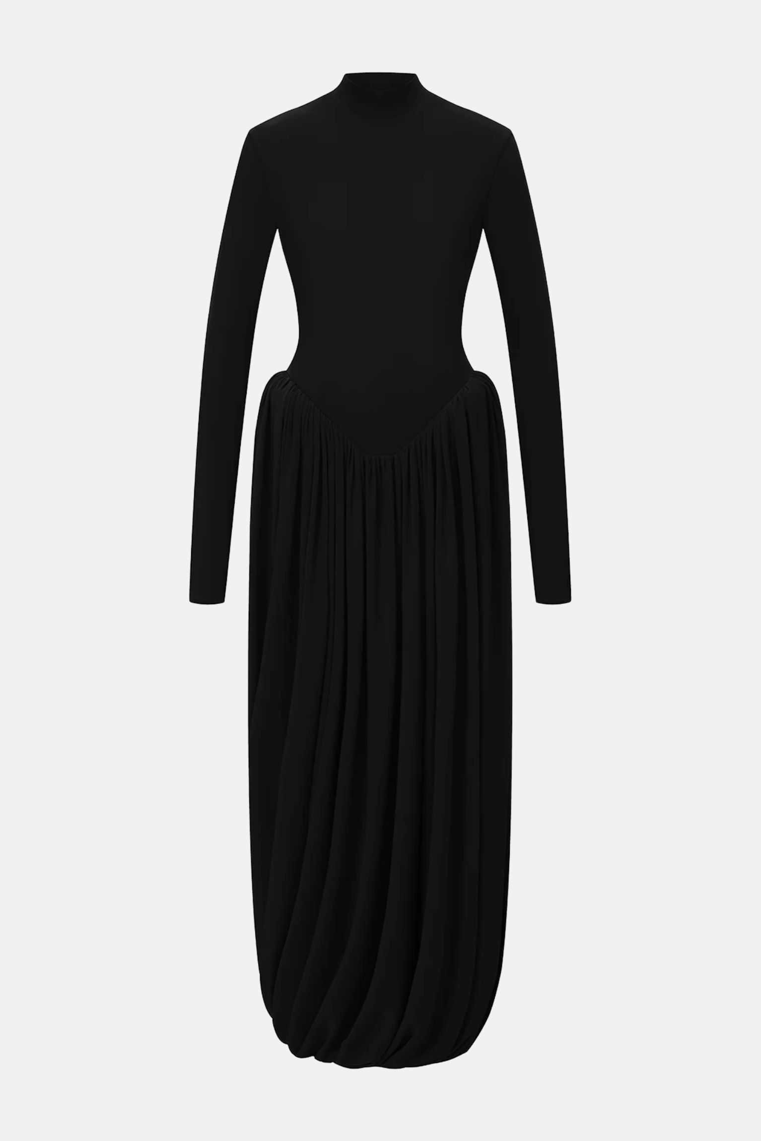 High Neck Ruched Drop Waist Maxi Dress