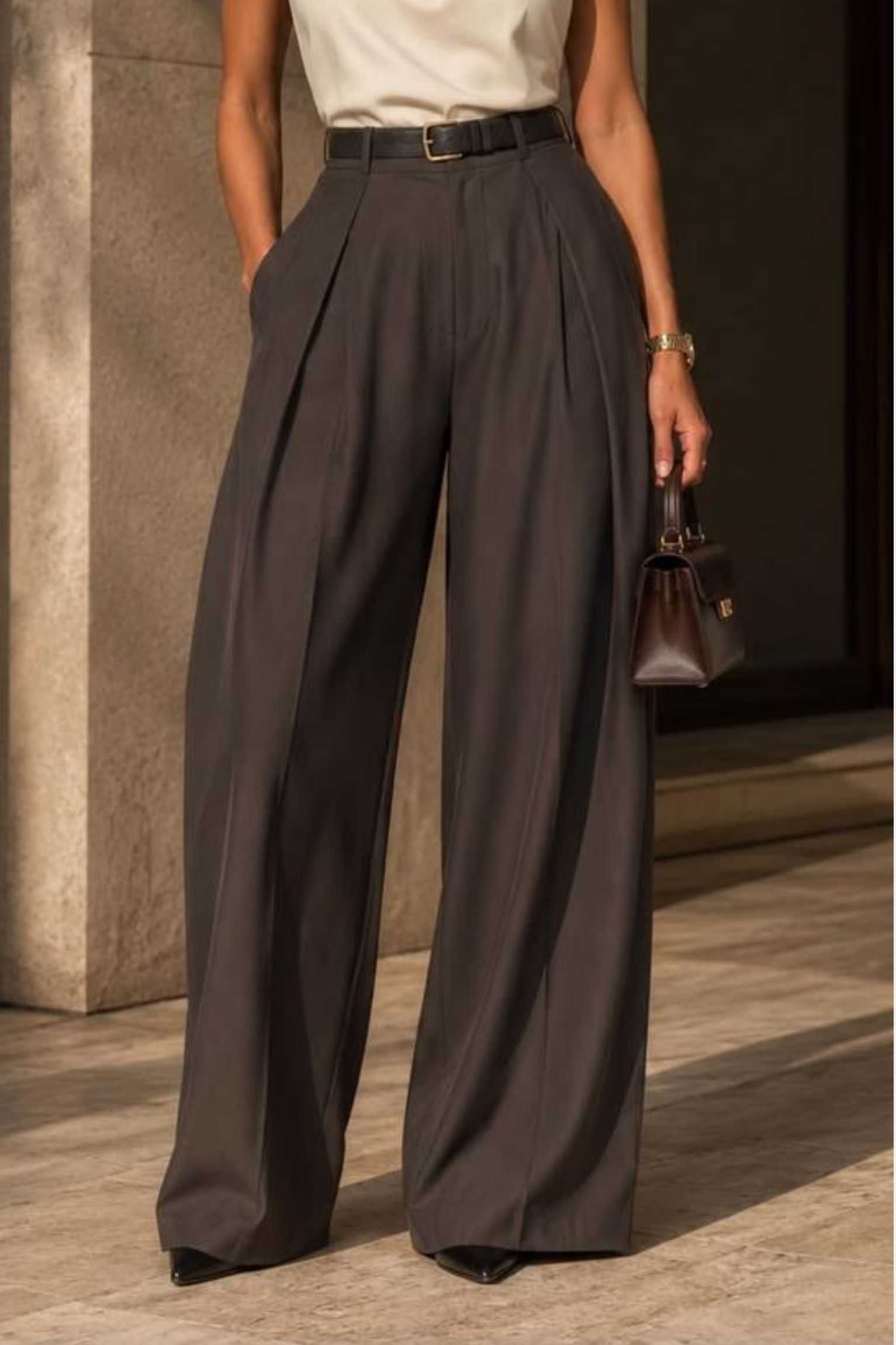 High Waisted Pleated Charcoal Trousers