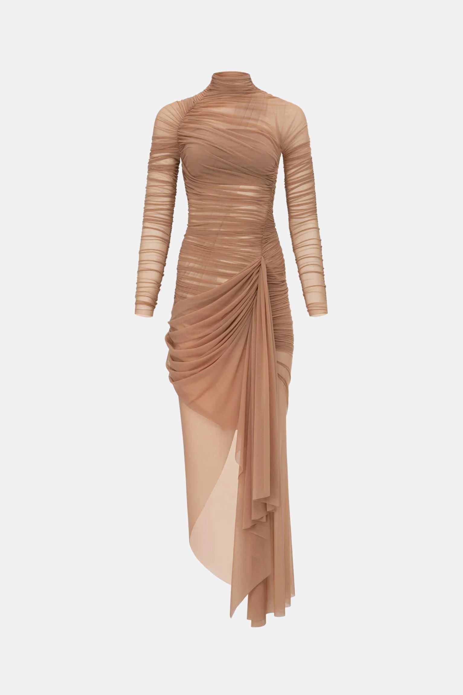 Layered Mesh Midi Dress In Sand