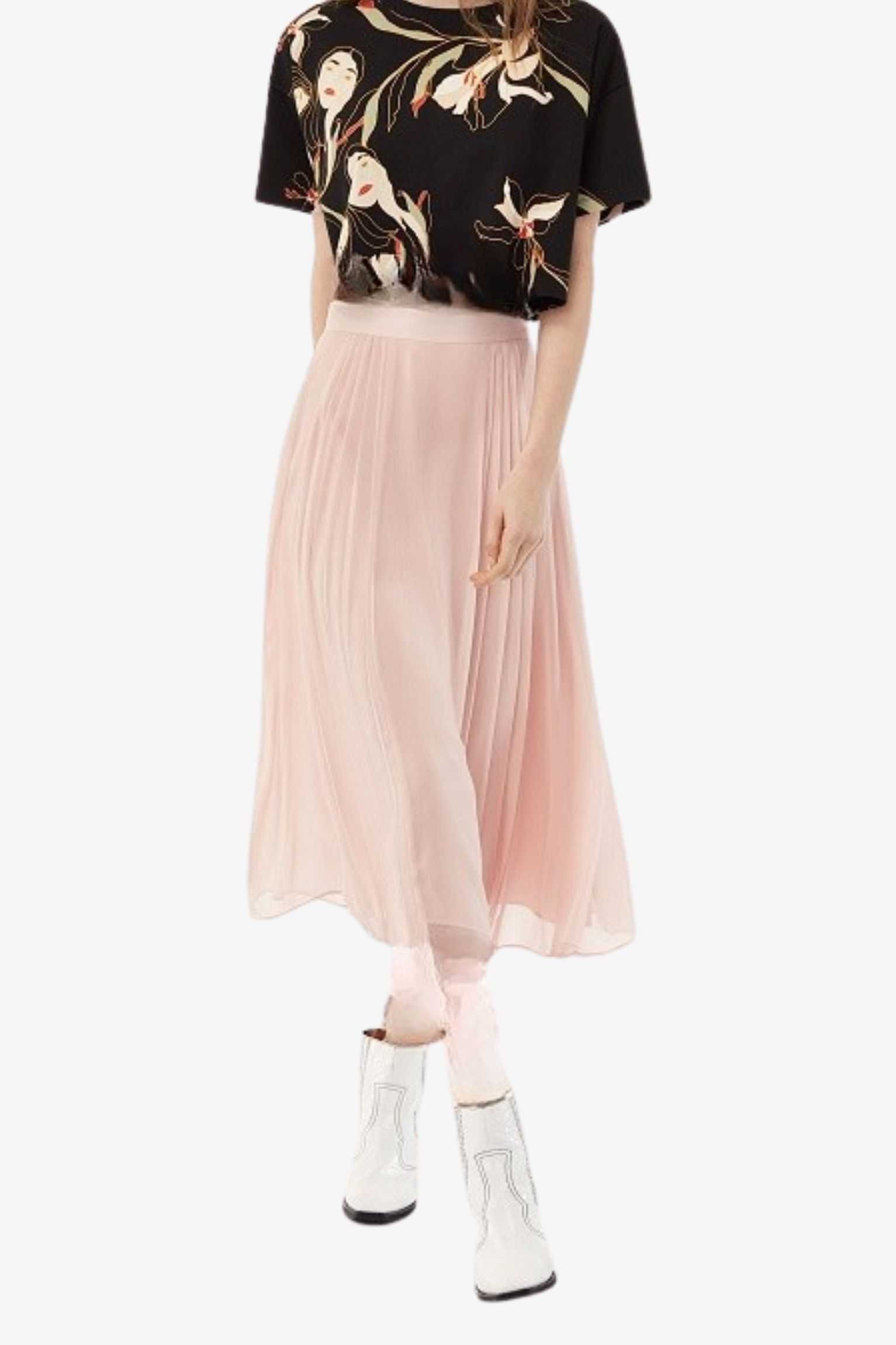 pink pleated chiffon midi skirt 2