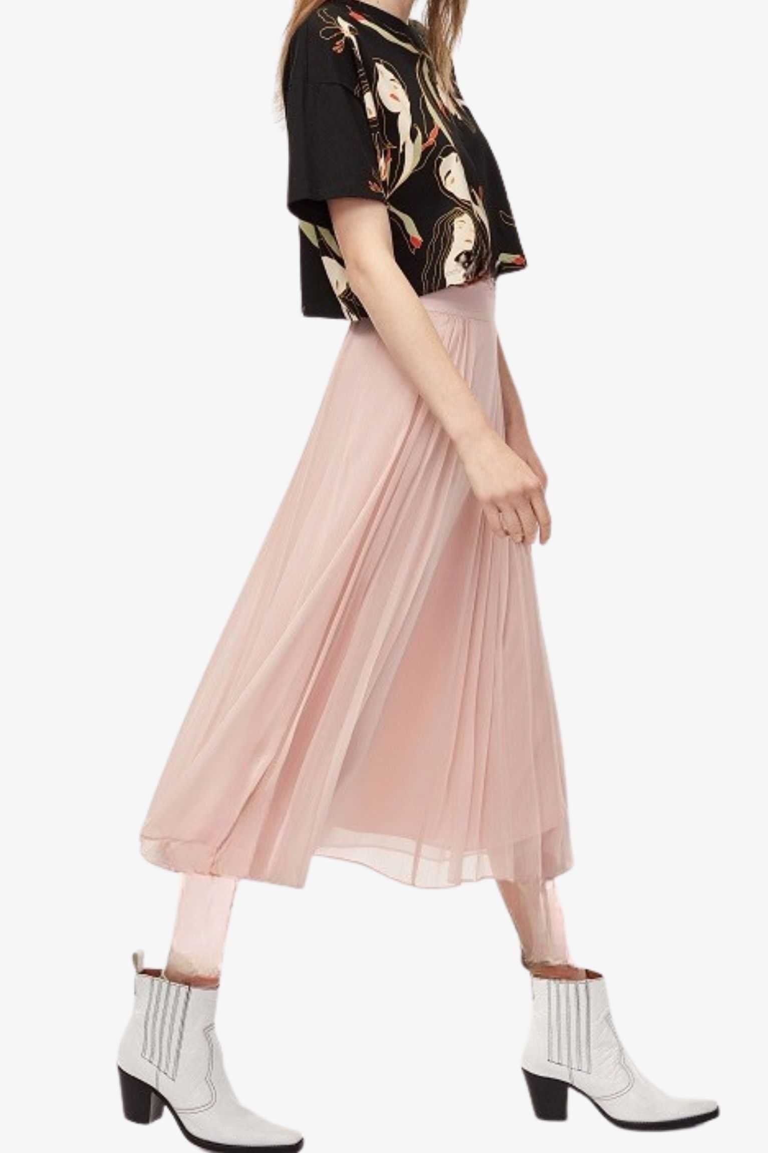 pink pleated chiffon midi skirt
