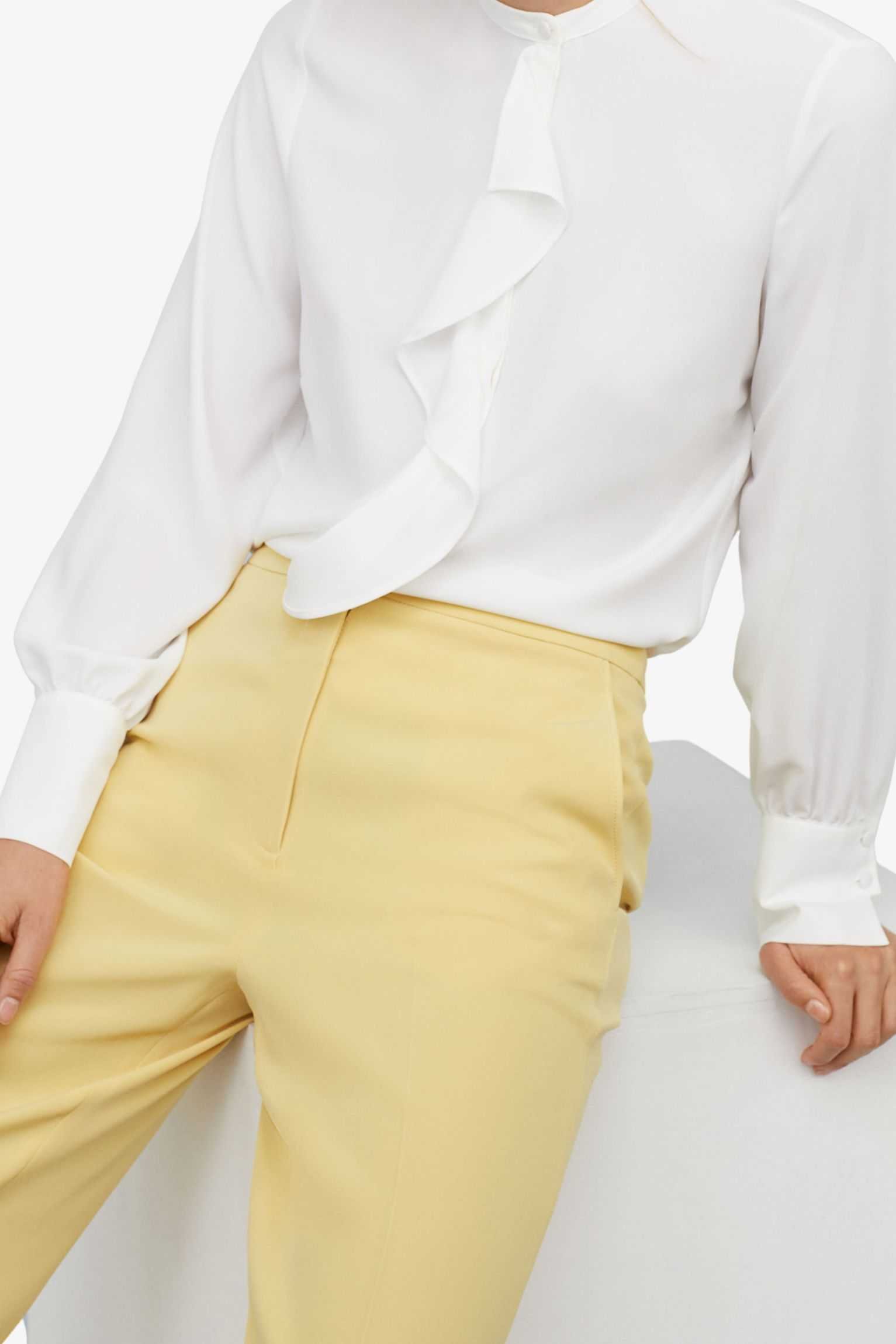white ruffle neck long blouse
